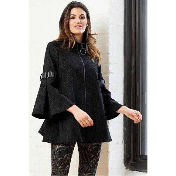 Joseph Ribkoff Women’s Bell Sleeve Black Textured Snakeskin Zip Over Jacket - Picture 1 of 10